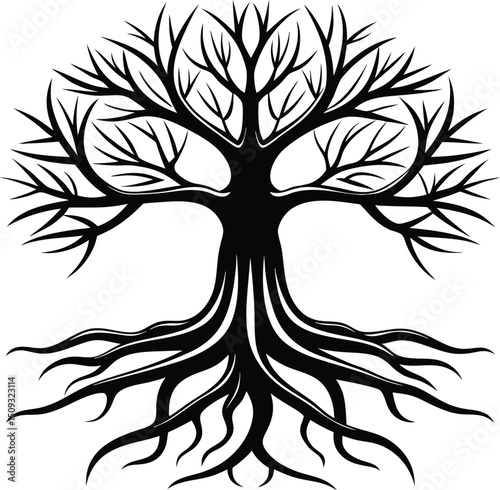  tree roots silhouette, downward growth, nature base