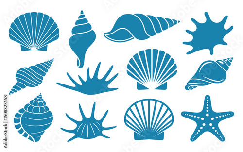 Collection of Blue Sea Shells and Starfish Silhouettes on White Background Vector Illustration for Summer and Holiday Design Projects Isolated