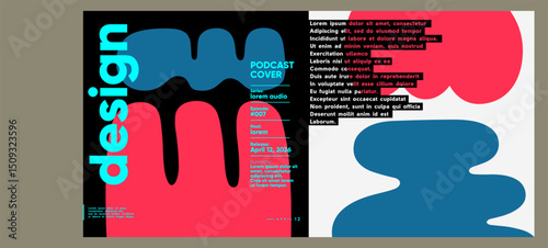 Striking podcast cover with contrasting bright red and cyan forms, blending fluid organic shapes and bold vertical typography for audio visual identity.
