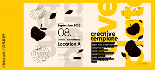 Creative layout themed around future mobility, using outlined and flat apples with modern text hierarchy and yellow-black palette for conceptual impact.