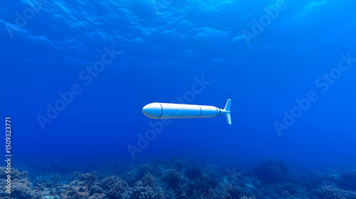 White Underwater Drone in Deep Blue Ocean