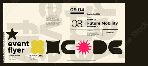 Contemporary event flyer with oversized geometric text elements, decorative icons and clean minimal layout in muted neutral tones with accent pink.