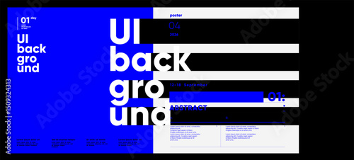 Bold typographic layout with vertical repetition, black and white stripes, and vivid blue contrast, designed for modern UI abstract poster presentation.