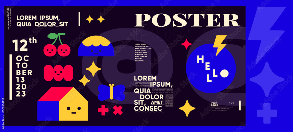 Obraz premium Playful dark-themed poster using bright vector icons, cute characters, and expressive type, ideal for creative children's projects or quirky event materials.