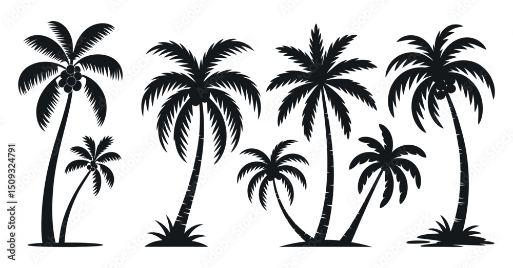 Obraz premium Collection of Tropical Palm Tree Silhouettes with Coconuts Isolated on White Background for Summer Vacation Beach Travel and Holiday Designs and Decorations