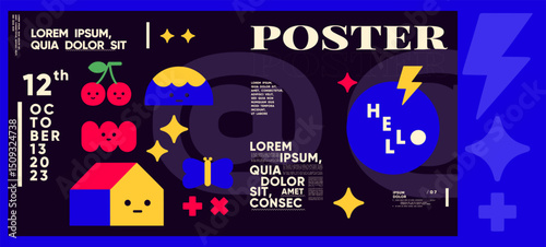 Playful dark-themed poster using bright vector icons, cute characters, and expressive type, ideal for creative children's projects or quirky event materials.