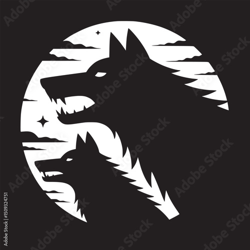 Two wolves silhouette against a moonlit sky with stars and clouds in black and white illustration