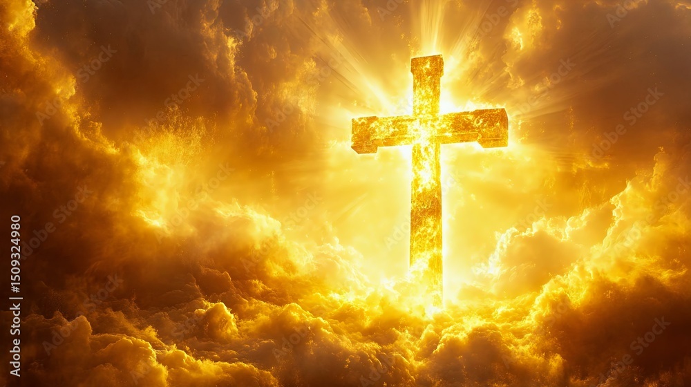 Fototapeta premium A radiant cross illuminated by a golden light amidst dramatic clouds, symbolizing faith, hope, and divine presence.
