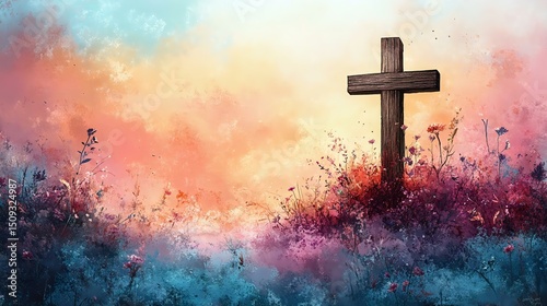A serene landscape featuring a wooden cross amidst vibrant flowers and a colorful sky, symbolizing peace and spirituality.