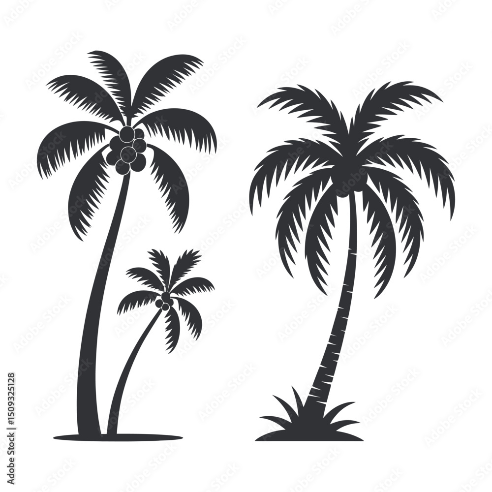 Fototapeta premium Silhouette Illustration of Three Palm Trees on a White Background Tropical Vacation Summer Beach Island and Nature Vector Graphic Isolated Simple and Clean