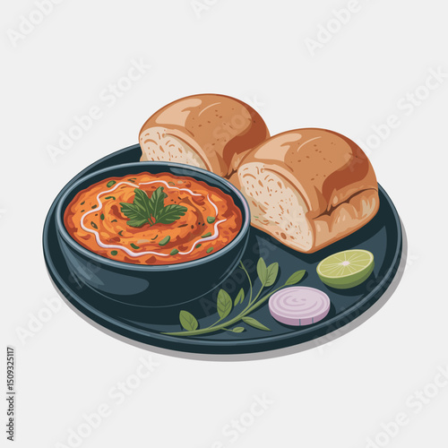 Pav Bhaji with Buttered Bread Rolls – Vector Illustration