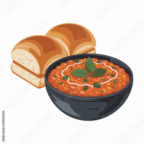 Pav Bhaji with Buttered Bread Rolls – Vector Illustration