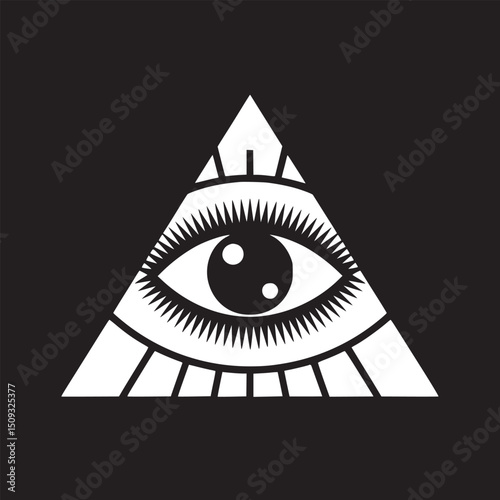 A white eye inside a triangle with rays on a black background in a graphic design illustration style