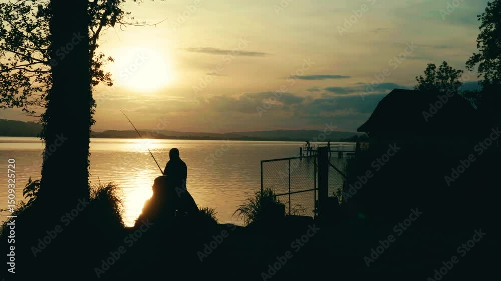 Ein Mann sitzt ruhig am See und fischt, während die Sonne langsam untergeht. Goldene Reflexe tanzen auf dem Wasser – ein stiller Moment voller Frieden, Natur und abendlicher Magie.