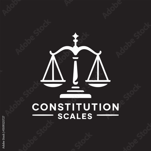 White scales of justice logo with constitution scales text on a black background design graphic