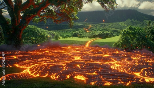 Stunning nighttime volcanic landscape featuring glowing lava rivers and dramatic eruptions