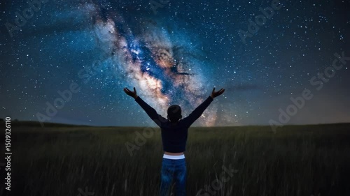 Person with Arms Raised Looking at the Milky Way Galaxy in a Starry Night Sky Over a Field