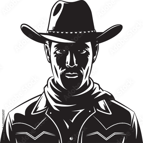 Black and white graphic illustration of a cowboy with a hat and jacket looking forward sternly
