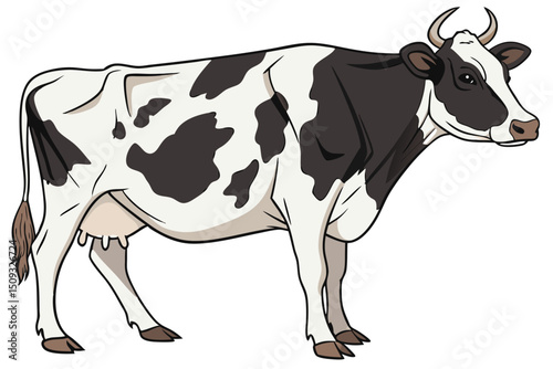 A digital illustration of a Holstein cow, presented in a realistic style. The cow is black and white, with prominent black patches on its head, body, and legs.