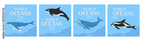 World oceans day posters set. Marine and underwater dwellers. Sea fauna and flora. Template on a marine theme with a Blue Whale, Hourglass Dolphin, Humpback Whale. Flat vector concept illustration