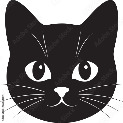 A simple black and white illustration of a cat face with whiskers and pointy ears on white background