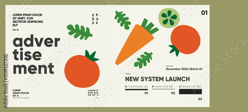 Bold advertising layout with flat fruit and vegetable shapes, vibrant colors, and tech product highlights, blending fun visuals and clean structure.