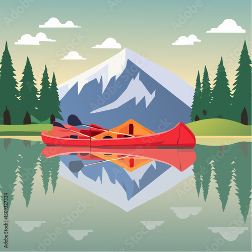 A mountain lake reflection scene with canoes and pines
