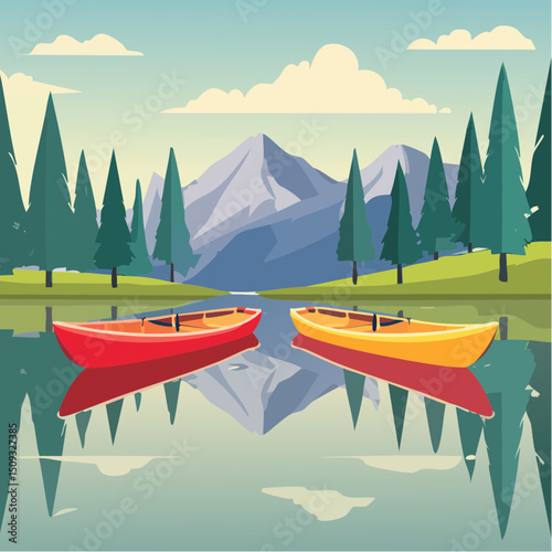 A mountain lake reflection scene with canoes and pines
