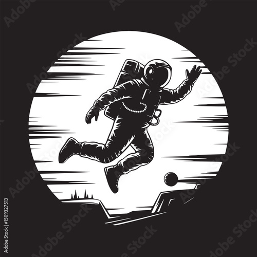 An astronaut in a space suit floating over a rocky landscape with a white circle behind them