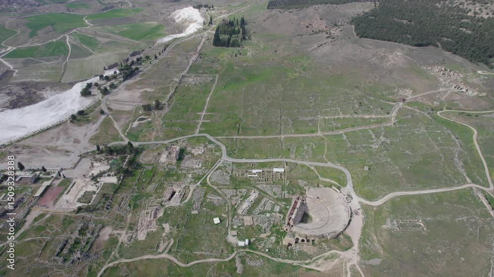 the ancient city of Hierapolis. This is an ancient city near Pamukkale. drone