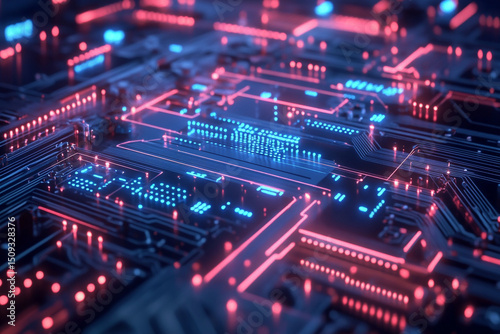 Circuit-style animation on vaporwave grid surface