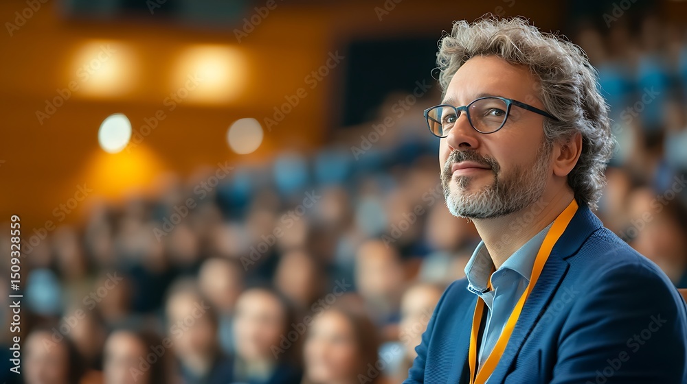 Fototapeta premium Thoughtful man in glasses listens during conference. Reflective and engaged moment at speaking event. World Speech Day highlights power of listening and ideas