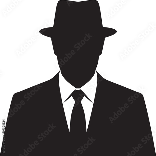 Silhouette of a man wearing a suit and hat against a white background in a vector graphic style