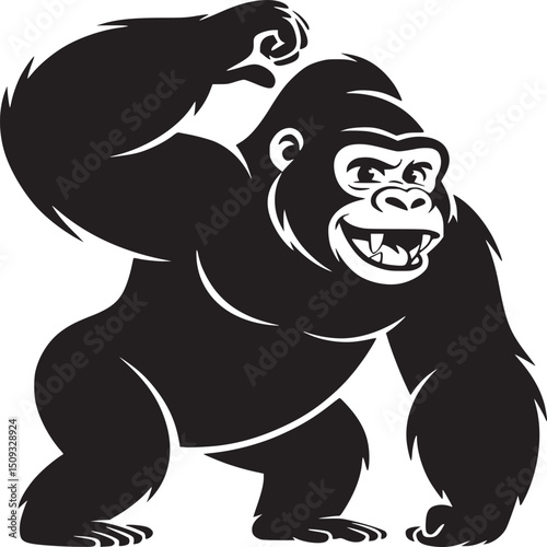 A black and white illustration of a gorilla flexing its arm with a smiling expression on its face