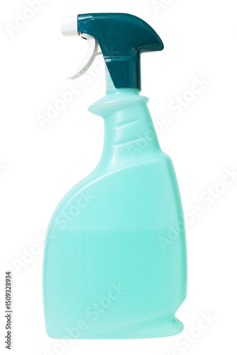 Green plastic spray bottle with cleaning liquid cut out