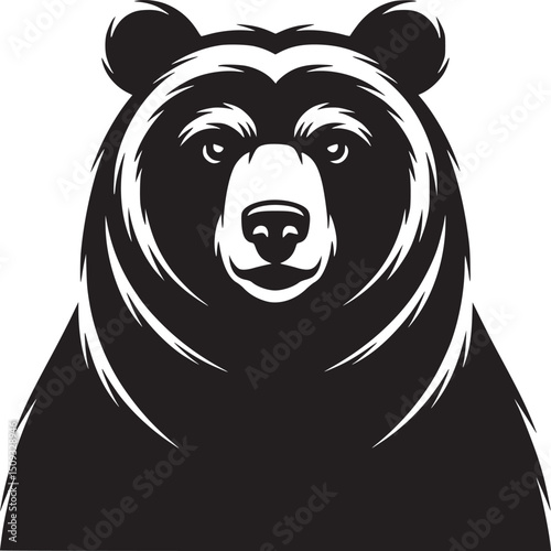 A stylized black and white illustration of a bear head on a white background looking forward calmly
