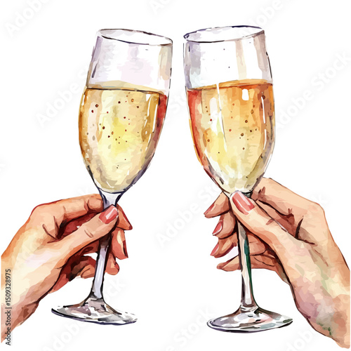 watercolor vector of New Years Toast, high quality, isolated on a white background.