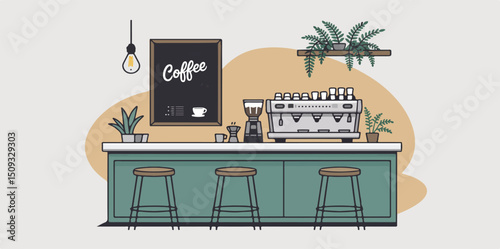 Modern Coffee Shop Illustrations Featuring Minimalist and Colorful Barista Counters, Café Menus, Espresso Machines, and Coffee Bar Interior Designs