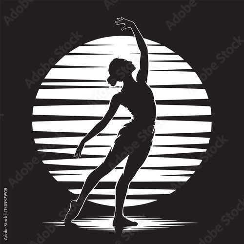 Silhouette of a ballerina in a graceful pose against a striped circular background in black and white
