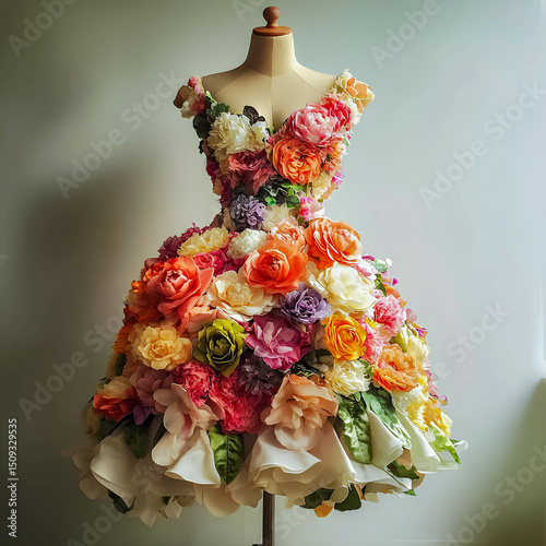 Unique floral dress design featuring vibrant roses and colorful petals showcased on a dress form against a neutral background