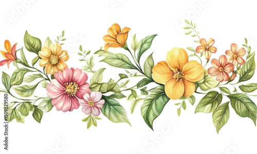 Watercolor floral arrangement with vibrant yellow and pink flowers and green leaves