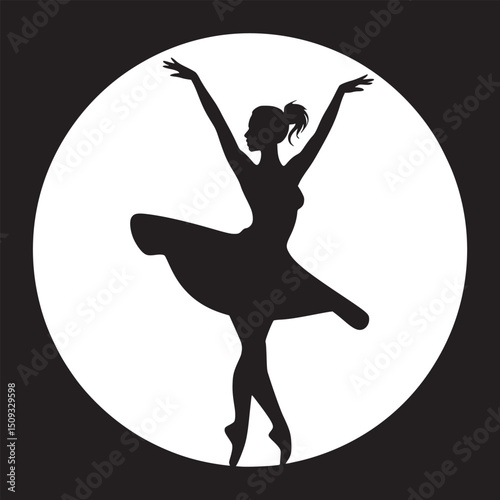 Silhouette of a ballerina in a tutu with arms raised against a white circle on black background