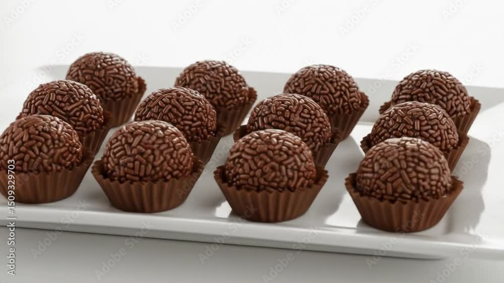 A delightful tray of brigadeiros, a classic Brazilian chocolate truffle confection.