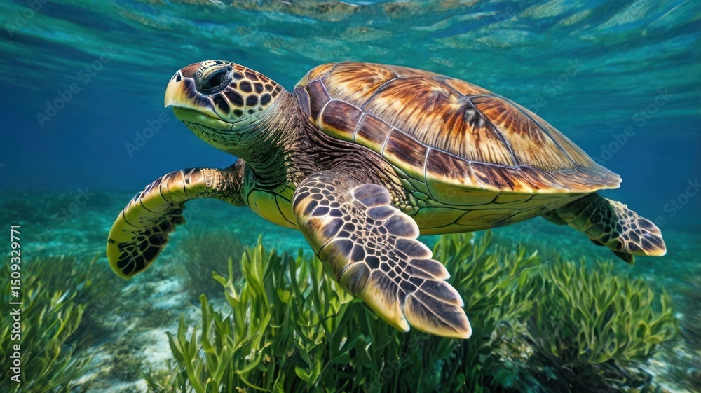 Obraz premium Green sea turtle gracefully swimming underwater among vibrant coral reef