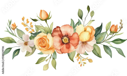 Watercolor floral arrangement with roses and poppies for elegant decorative or wedding design