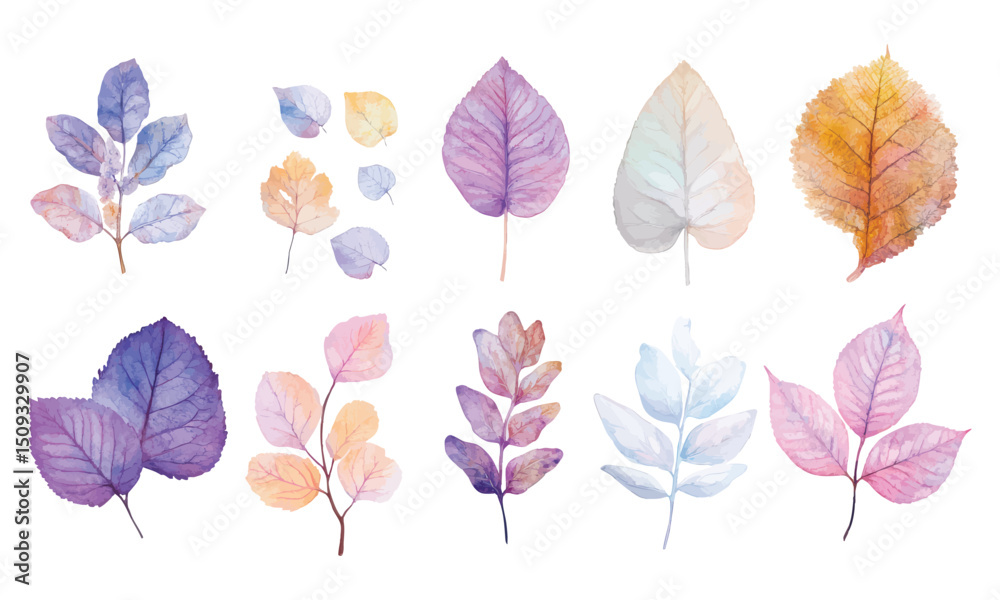 Obraz premium Colorful watercolor autumn and botanical leaves illustration set