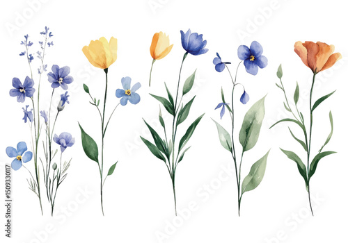 Watercolor wildflowers with yellow and blue petals