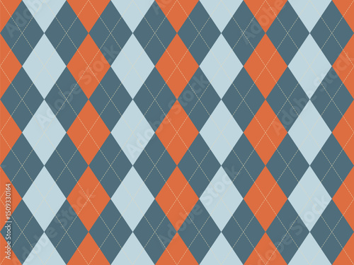 Stylish argyle pattern in muted orange, teal, and pale blue.  Perfect for backgrounds, textiles, or branding. This classic design offers a sophisticated and timeless aesthetic.