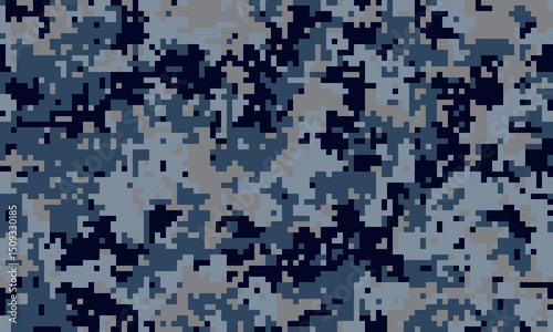 Abstract digital camouflage pattern in shades of blue and gray. Ideal for backgrounds, textiles, militarythemed designs, or adding a tactical feel to any project.