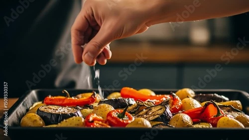 A chef adding salt to a tray of roasted vegetables, ready for a delicious meal.